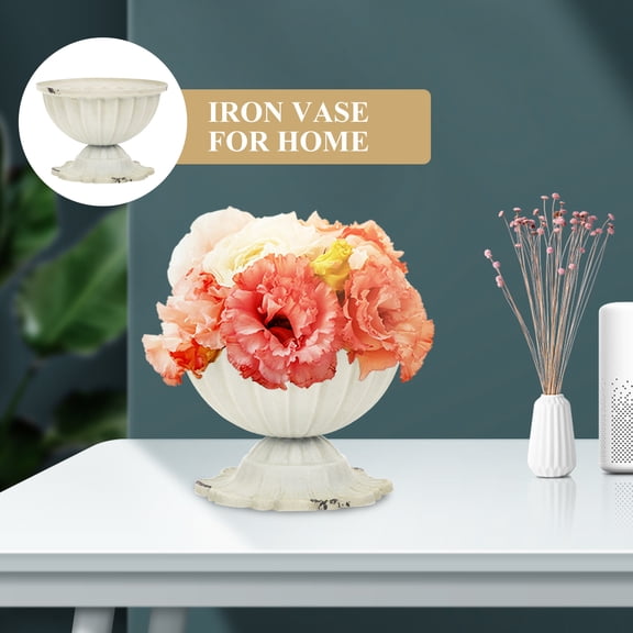 OULII White Retro Iron Flower Vase Decorative Flowerpot for Home Decor Wedding Table Centerpiece