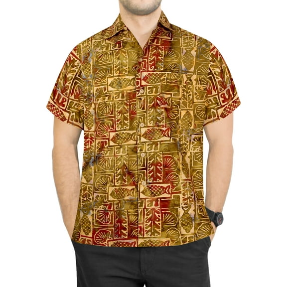 HAPPY BAY Men's Hawaiian Shirt Vacation Beach Shirts Casual Button Down Short Sleeve Dress Shirts for Men S Aztec, Autumn Gold