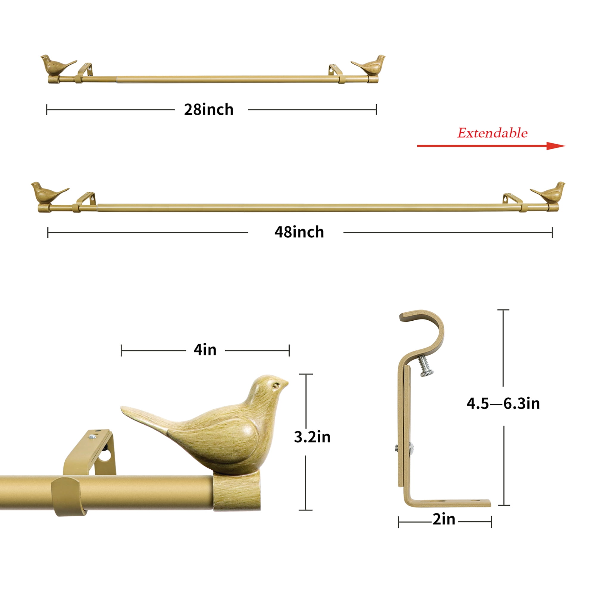 Meriville  3/4" Diameter Farmhouse Single Window Curtain Rod, Bird Finials Cottage - 28"-48"