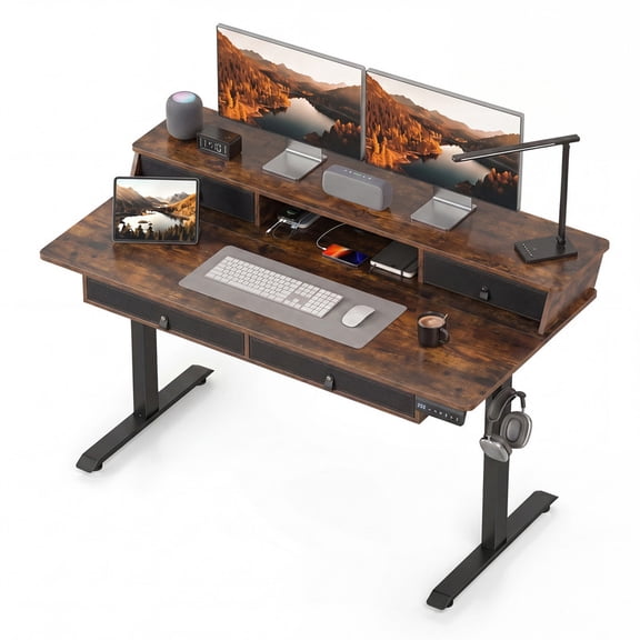 55" Electric Standing Desk with Drawers & Monitor Shelf, Height Adjustable Ergonomic Stand Up Desk with Hanging Hooks & Power cord Organizer,Rustic Brown