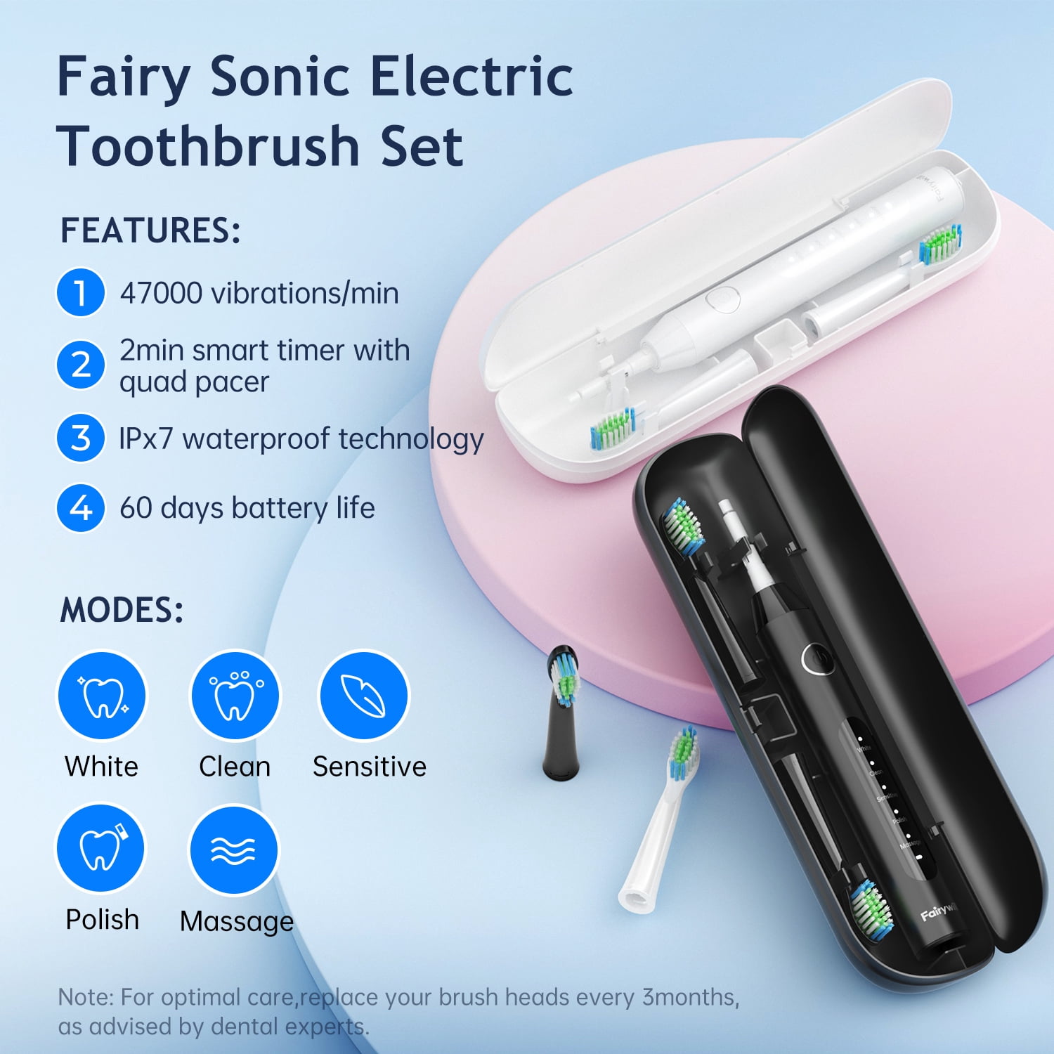Fairywill Electric Toothbrush for Adults,Dual Pack with Travel Case 60 Day Battery Sonic Toothbrush,47,000 VPM 5 Modes IPX7 Waterproof 8 Brush Heads for Couples Family,Black & White