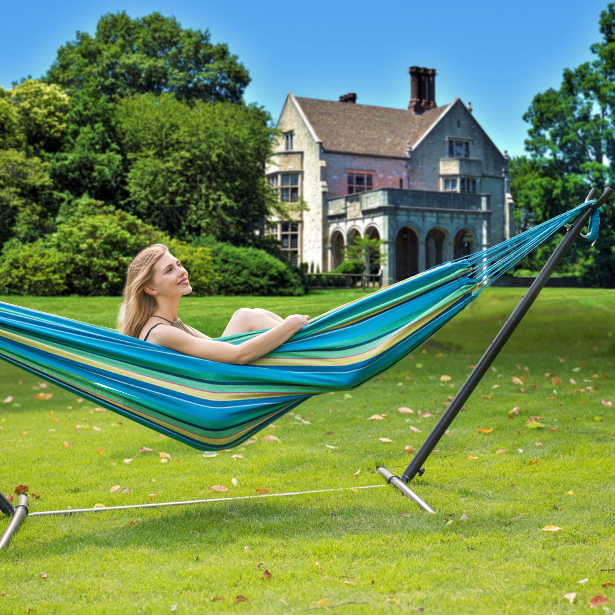 Prime Garden Double Cotton Swing Hammock with Steel Stand,Green