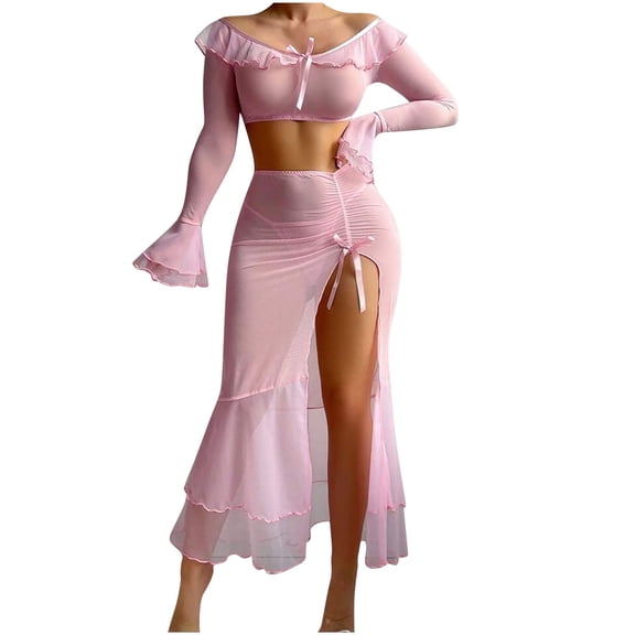 Levmjia Women Nightgown Soft Nylon Long Sleeve Slip Dress Solid Color Slit Home Sleep Comfortable And Breathable Sleepwear Nightwear