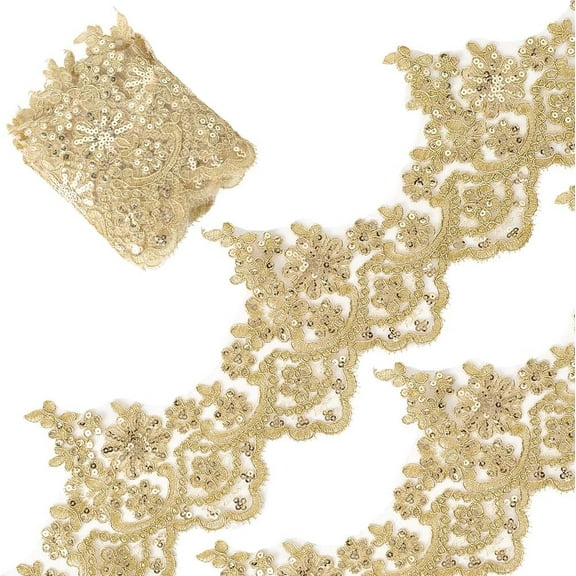 3 Yards 5 Inch Width Gold Metallic Venice Lace Trim Sequin Flower Embroidery Lace Ribbon Applique Sewing Floral Lace Edge Trimming for DIY Crafts Clothes Wedding Home Decor