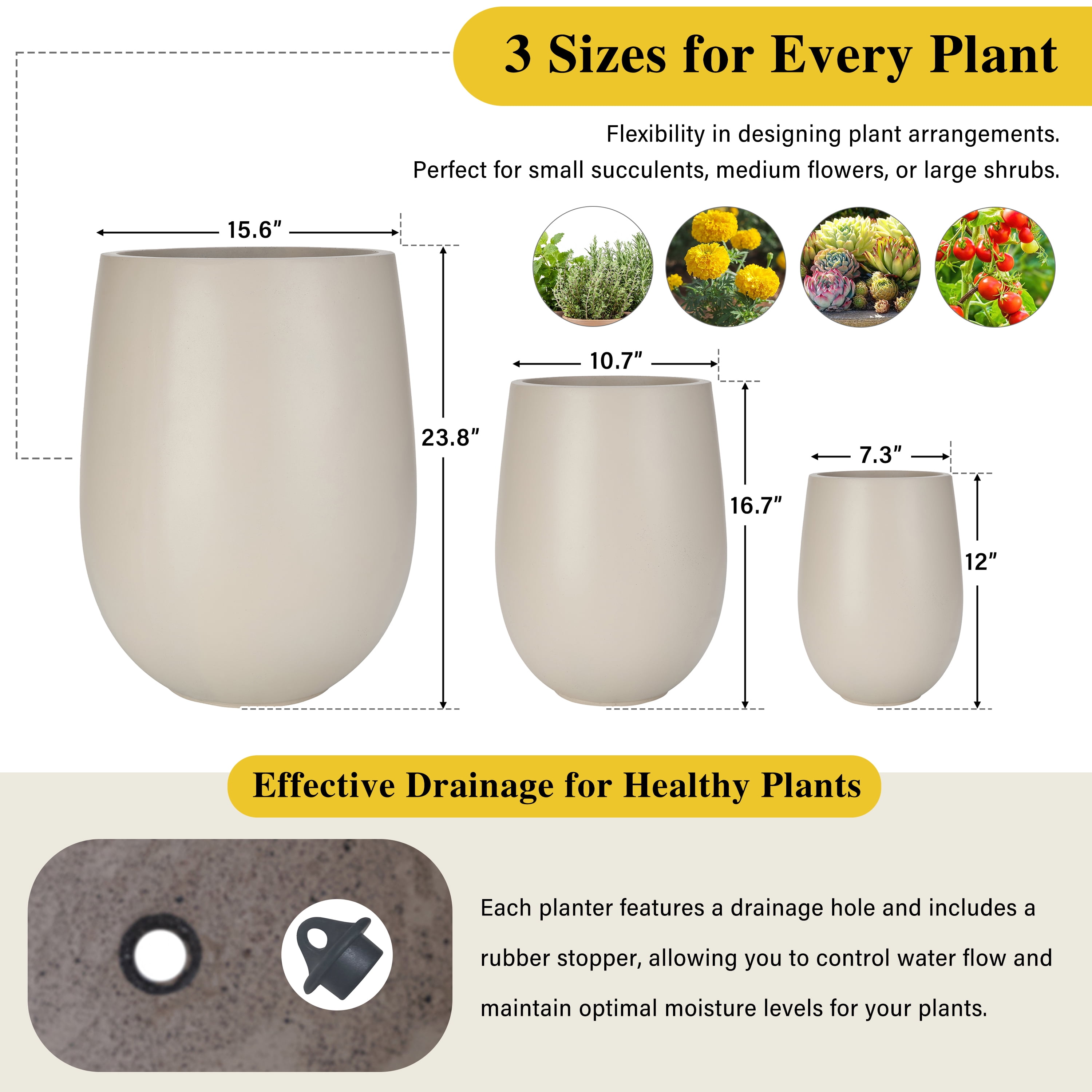 Mintazer Modern Planter Set of 3, 15.6"/10.74"/7.3" Round Stackable Flower Pots with Drainage Holes, Decorative Plant Pots for Indoor & Outdoor, Light Beige