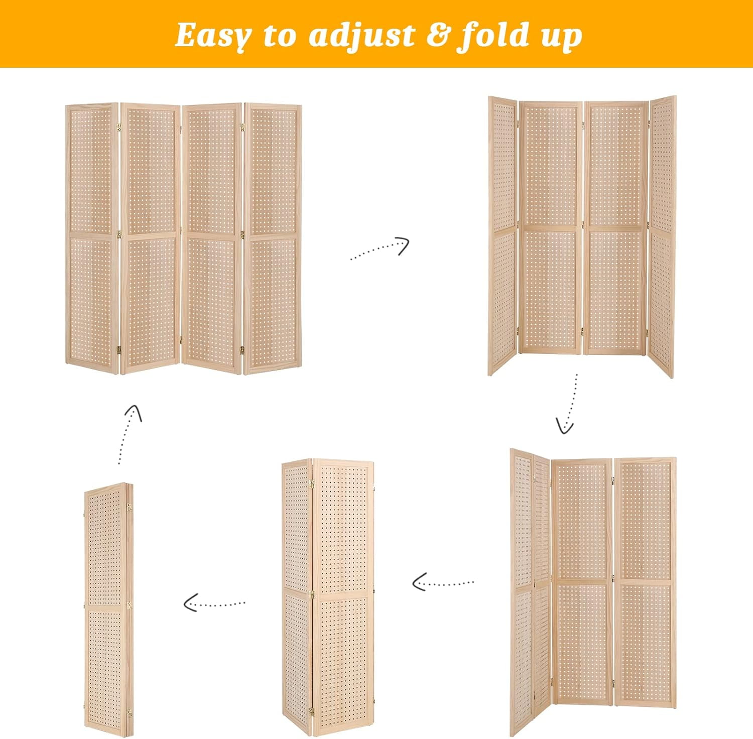 Bonnlo 4 Panel Pegboard Freestanding, 5 FT Portable Display Board Organizer for Craft Show Jewelry, Wooden Folding Privacy Screen Room Divider (with Base, Natural)