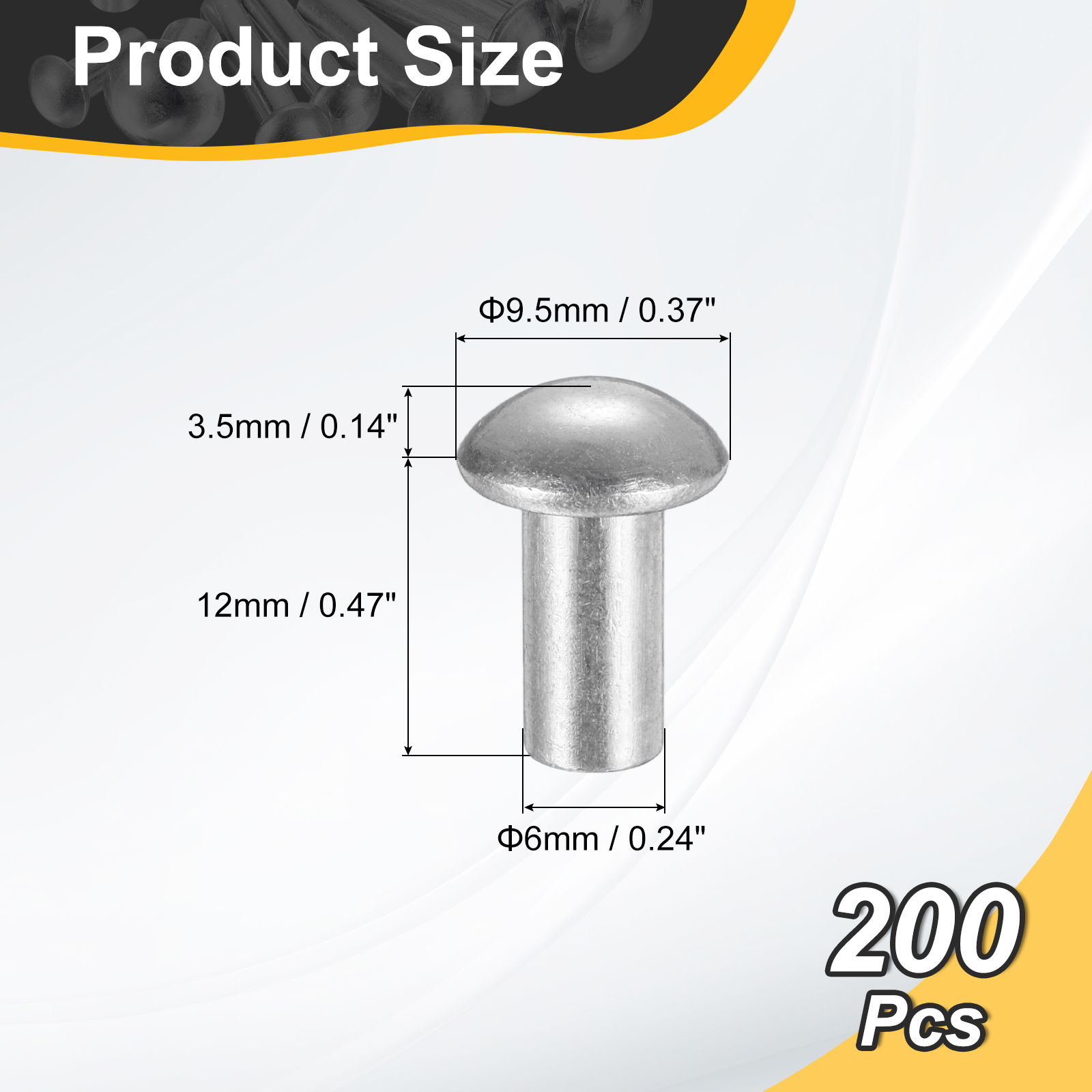 200Pack Brazier Head Rivets, M6 x 12mm Aluminum Solid Rivets, Silver Tone