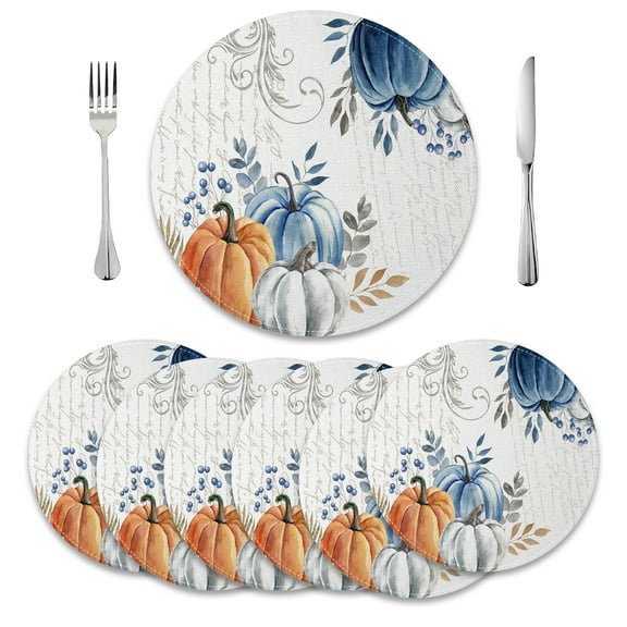 MIZHONA Blue Fall Pumpkins Round Placemats Set of 6 Autumn Thanksgiving Table Mat 14 inch for Kitchen Dining Table Decoration