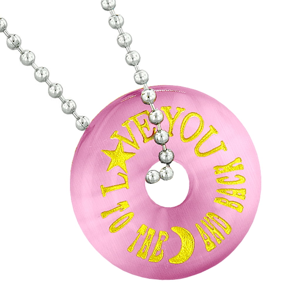 Inspirational Love You to the Moon and Back Amulet Donut Lucky Pink Simulated Cats Eye 18 Inch Necklace