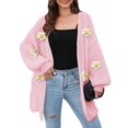 thumbnail image 3 of Female Sweaters Floral V-Neck Long Sleeve Sweater Open Front Knit Buttonless Trendy Sweater Outerwear Pink One size, 3 of 8