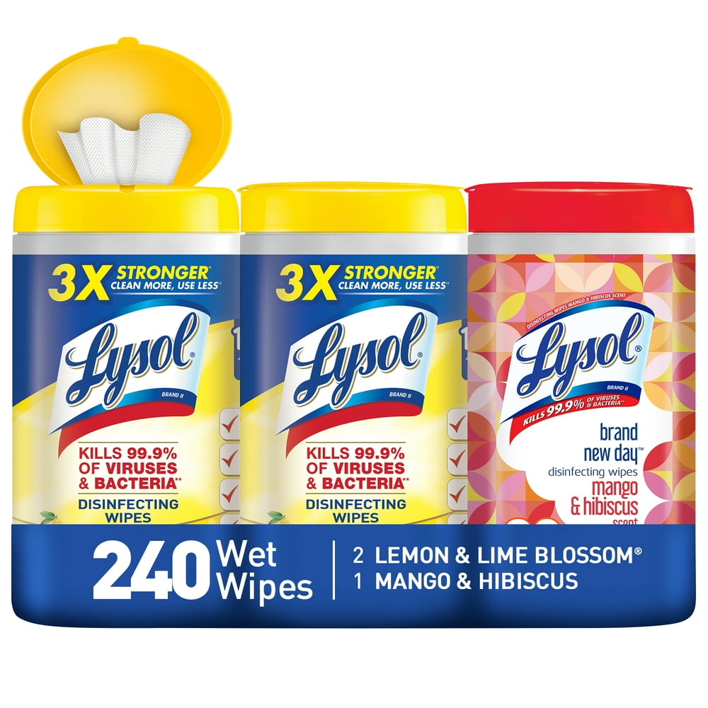 Lysol Disinfecting Wipes, 2 Lemon Lime + 1 Mango Hibiscus, 240ct
