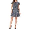 thumbnail image 1 of Vestido de gasa floral con volantes y cuello en V para mujer, con mangas acampanadas y lazo, largo por encima de la rodilla, talla L, azul polvo, 1 of 6