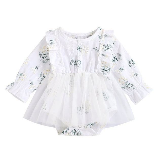 Baby Girls Princess Romper Dress Long Sleeve Floral Printed Ruffles Lace Mesh Jumpsuits 0-18M