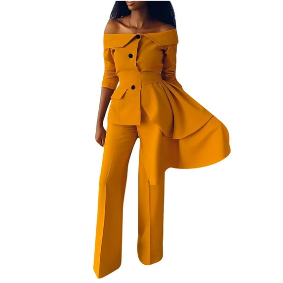 Idoravan Women Sets Clothing Clearance Women Fashion Temperament Solid Color Button Pocket One-Shoulder Suit Pants Suit