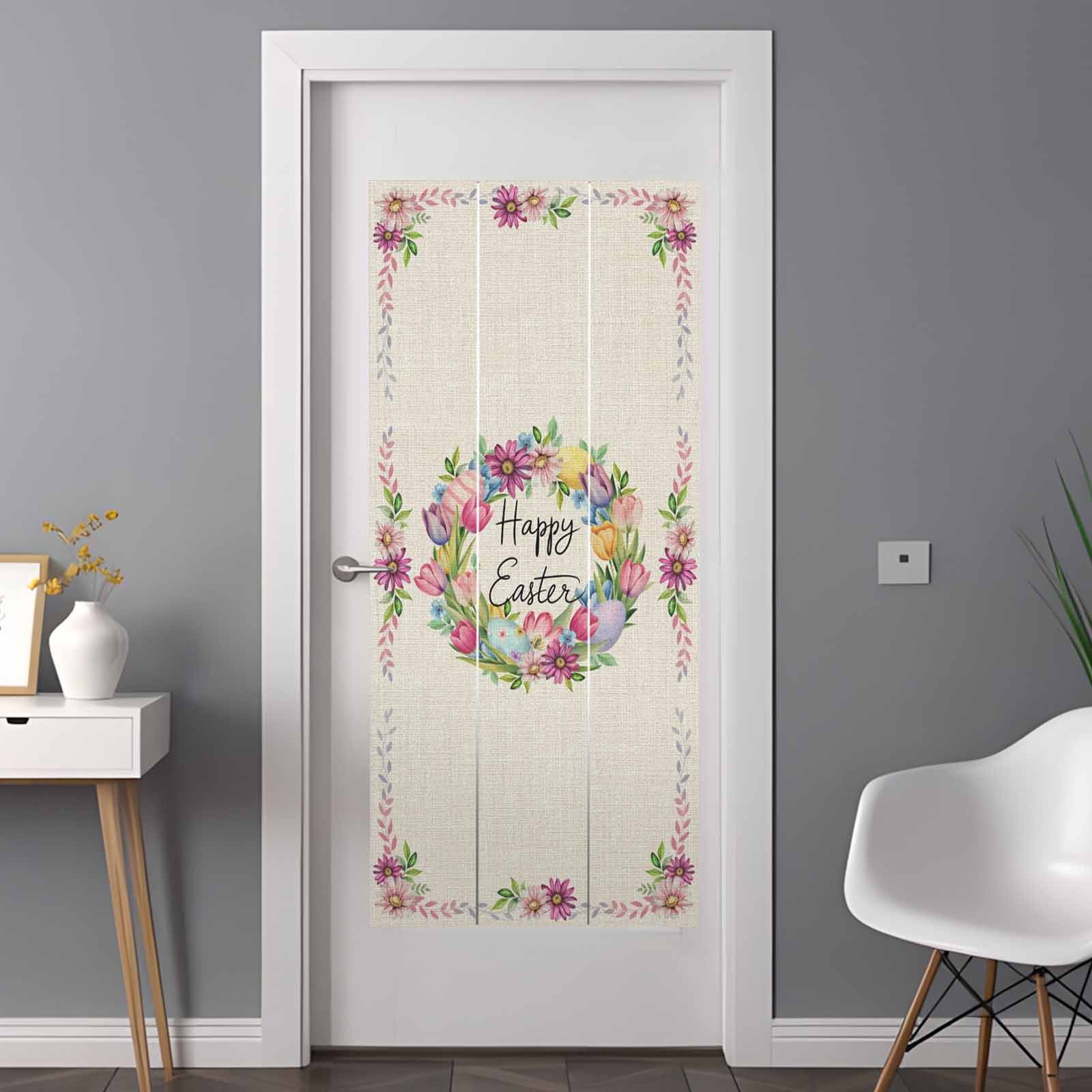 Flower Window Privacy Film, Floral Ring Pink Daisy Tulips Color Egg Spring Linen Texture Frosted Glass Window Clings Static Cling Heat Blocking Reusable Door Sticker for Bedroom 35.4x78.7 Inch
