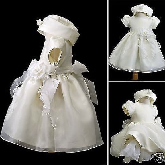New Baby Toddler Girl Pageant Wedding Christening Formal Ivory Dress   Hat 0-36M