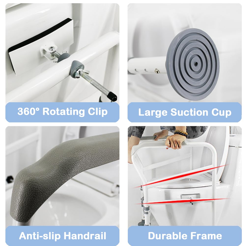 Toilet Safety Rails, Bathroom Frame, Adjustable Height, Bariatric Assist Handrail Grab Bar with Suction Cups, Railing Helper for Elderly, Handicap, Disabled, Seniors, Padded Arms Fit Most Toilets