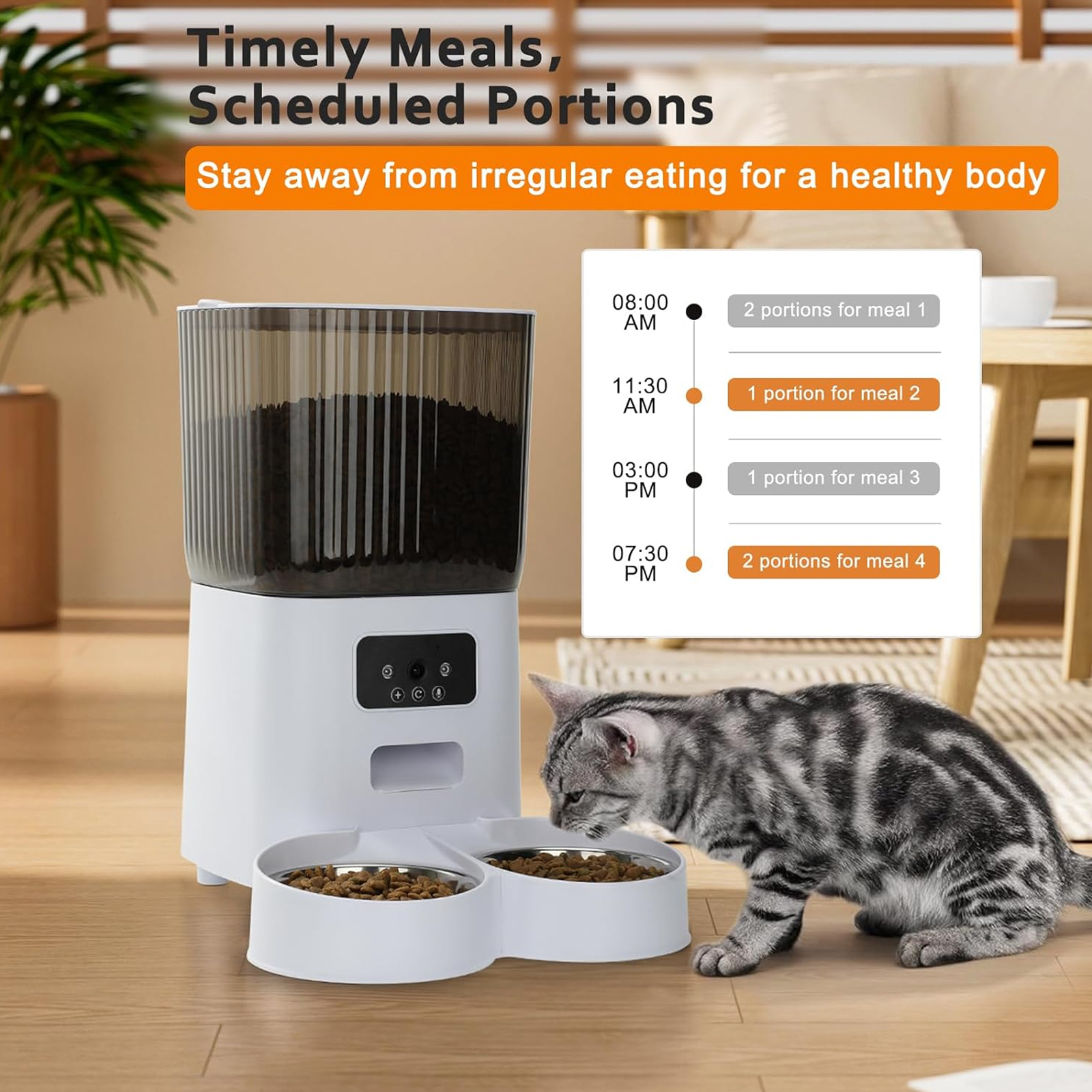 LASIEYO Smart Camera Automatic Cat Feeder for 2 Cats, 5L Food Dispenser with 2 Stainless Steel Bowl, App Control Smart Pet Feeder, for Dual Power Supply, Detachable for Easy Clean