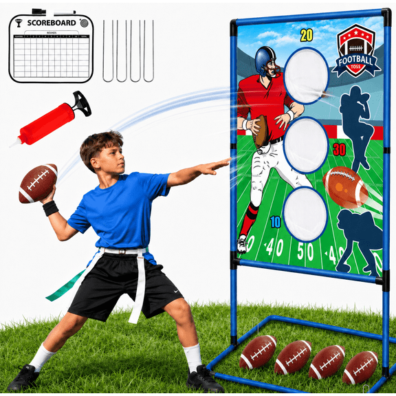 Beefunni Football Toss Game for Kids with 4 Inflatable Balls, Football Throwing Target with Pump and Erasable Scoreboard, Indoor Outdoor Sports Game Gift for Boys and Girls Ages 3 