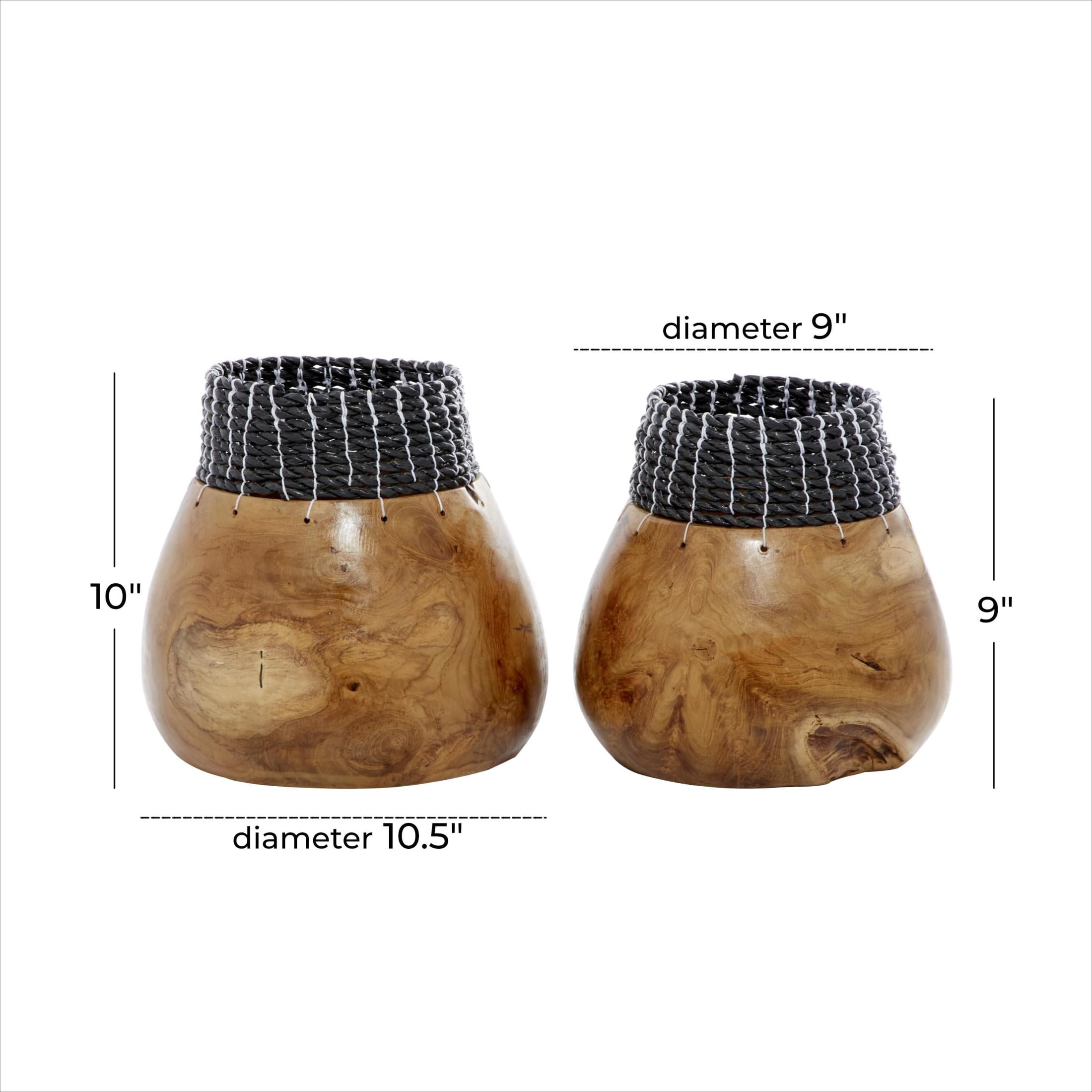 DecMode 10", 9"H Handmade Brown Wood Vase with Black Seagrass Accents, Set of 2