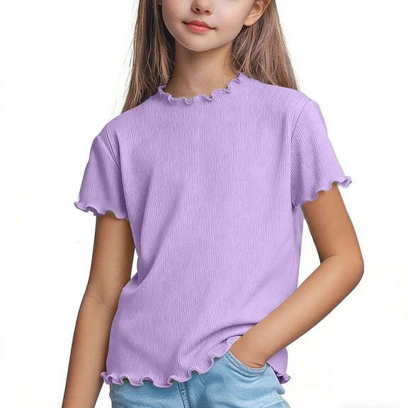 ZQUUVOU Girls Ruffle Trim T Shirt Crewneck Short Sleeve Solid Breathable Spring Summer Comfortable Tops for 1-10 Years Purple