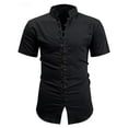 thumbnail image 6 of Men's Casual Button Up Shirt Polyester Blend | Short Sleeve Stand Collar With Breathable Fabric Beach Shirt | Sun Protection Vacation Tops Comfortable Daily | Zenithor,Black L, 6 of 9