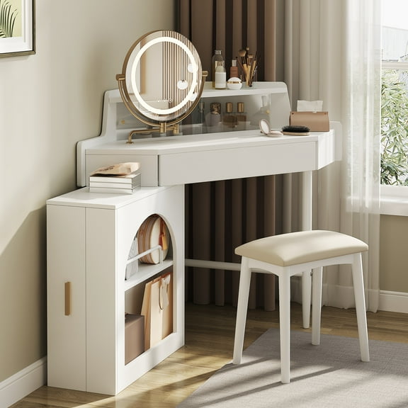 Corner Makeup Vanity Desk with Mirror & LED Lights, Modern Vanity Set with Stool Drawers, Dressing Table, Large Storage For Small Place, Brightness Adjustable Folding Mirror