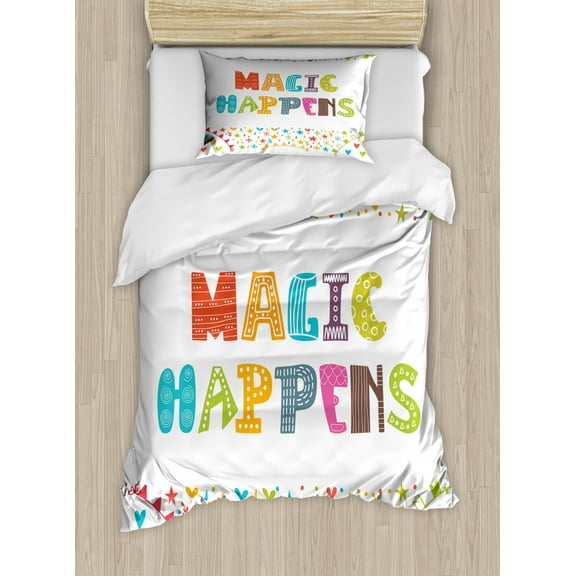 Motivational Duvet Cover Set Twin Size, Inspirational Quote Magic Happens Ornamented with Cute Doodle Flags and Hearts, Decorative 2 Piece Bedding Set with 1 Pillow Sham, Multicolor, by Ambesonne