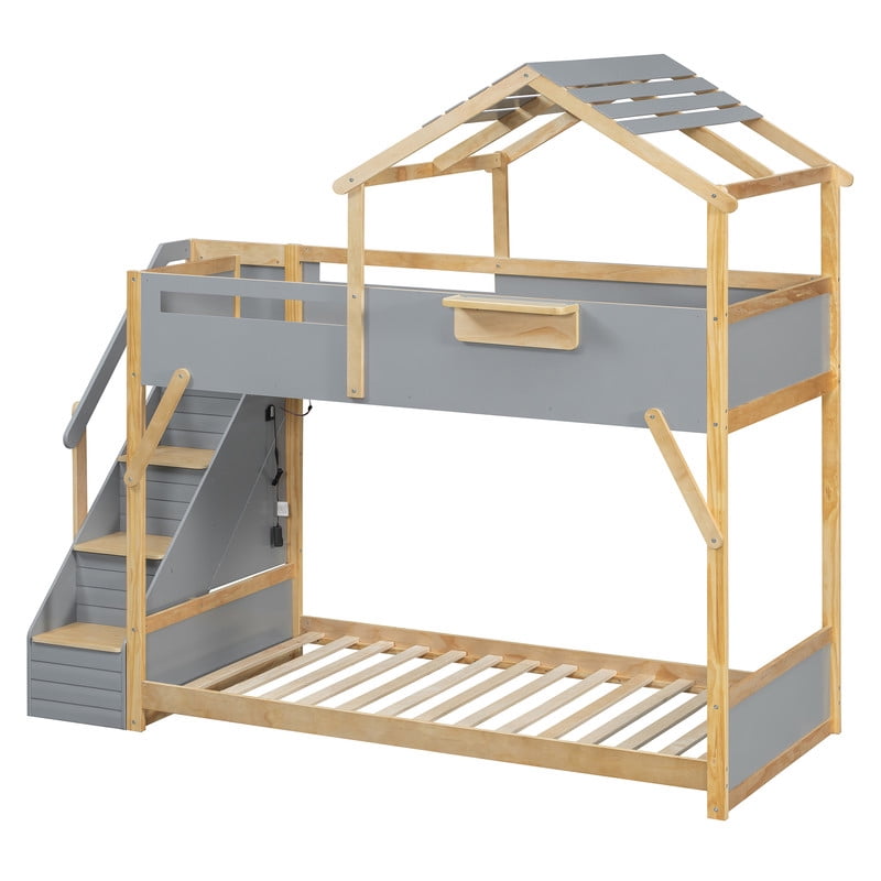 Twin over Twin House-Shaped Bunk Bed with Roof & Stairs, Kids Bed Frame with 3-Color LED Lights & Bedside Storage Shelf