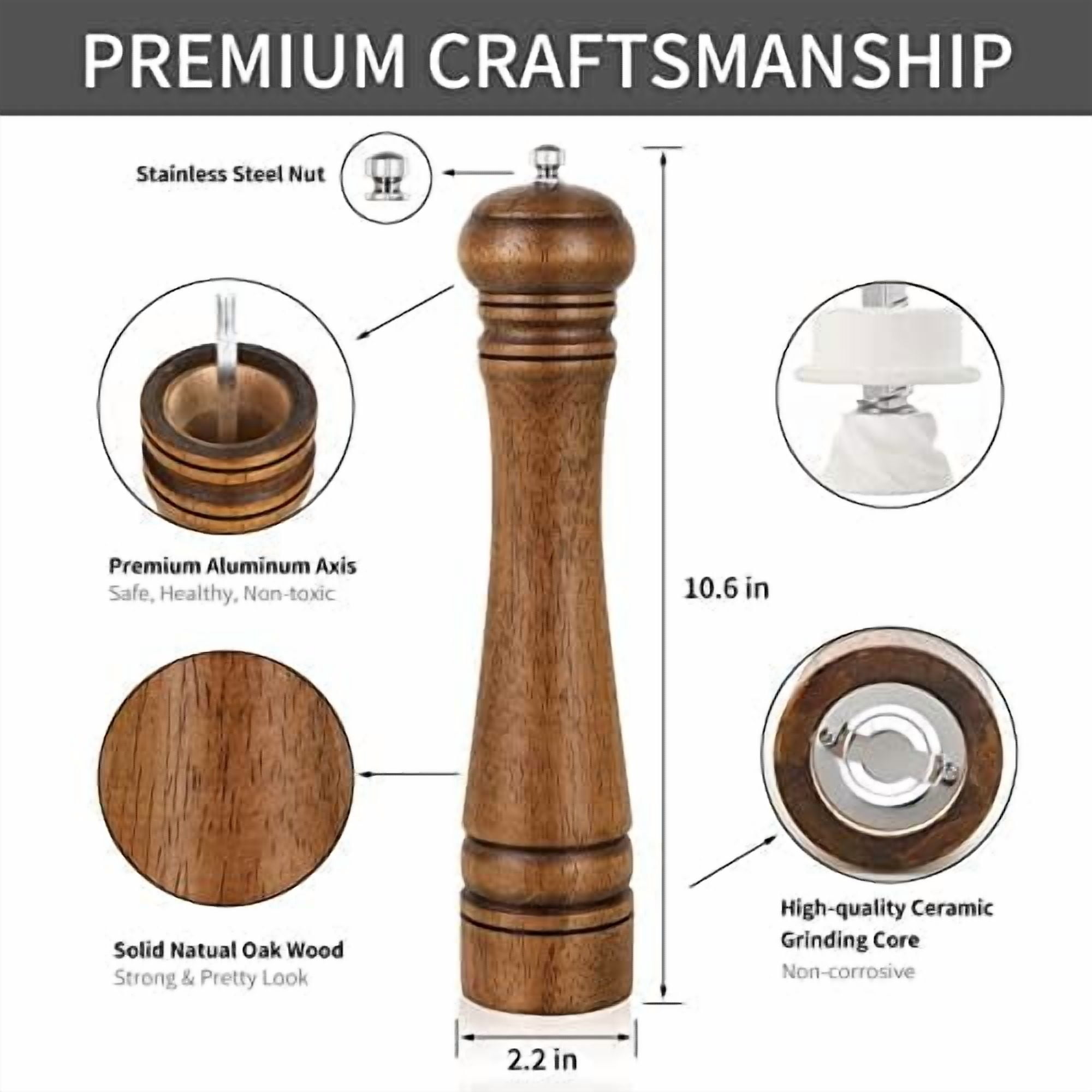 1Pack Wood Pepper Grinder, Hasako 10 Inch Salt Mill Pepper Shaker, Pepper Mill with Adjustable Ceramic Rotor - Oak Wood Pepper Grinder for Your Kitchen