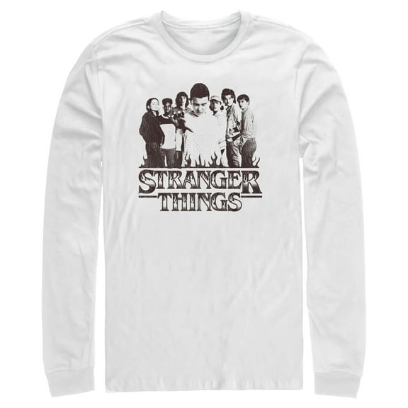 Netflix Men's Stranger Things Group Shot and Flaming Logo Long Sleeve Shirt White Large