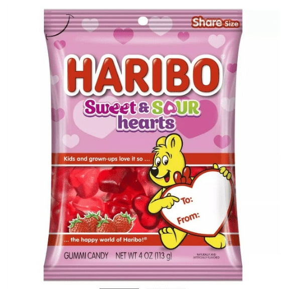 HARIBO Sweet and Sour Hearts Gummies Valentines Day Edition Assorted Fruit Flavor Gummy Candy, 4oz, Share Size Peg Bag