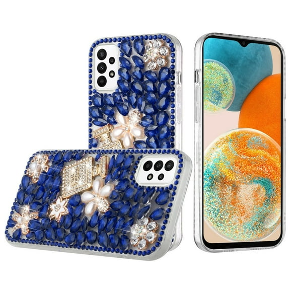 For Samsung Galaxy A23 5G Bling Clear Crystal 3D Full Diamonds Luxury Sparkle Rhinestone Hybrid Cover ,Xpm Phone Case [ Blue Pearl Flowers Perfume ]