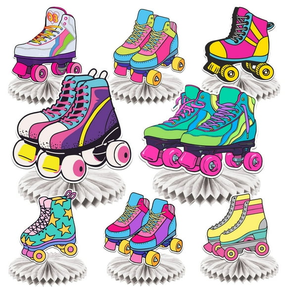 Neon Glow Roller Skates Centerpieces - Retro Hip Hop Party Decor for Girls Teens - Honeycomb Skates Birthday Decorations - Rainbow Skating Theme