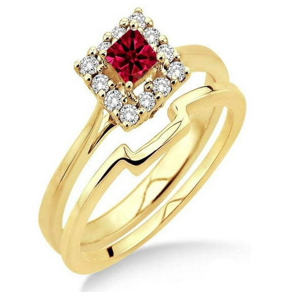 1.25 Carat Ruby & Diamond Bridal set Halo on 10k Yellow Gold