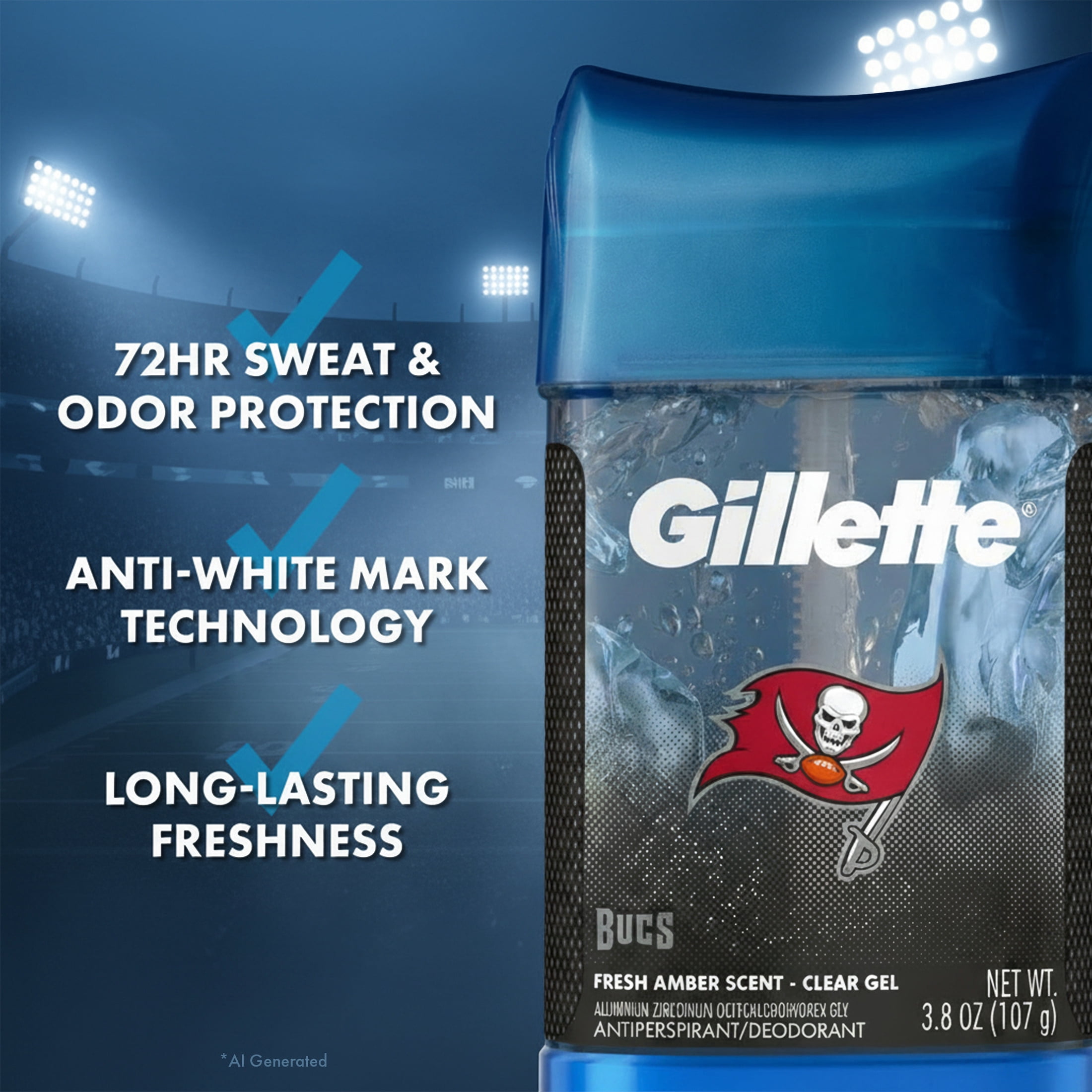 Gillette Tampa Bay Bucs Clear Gel Antiperspirant and Deodorant for Men Fresh Amber Scent 3.8oz