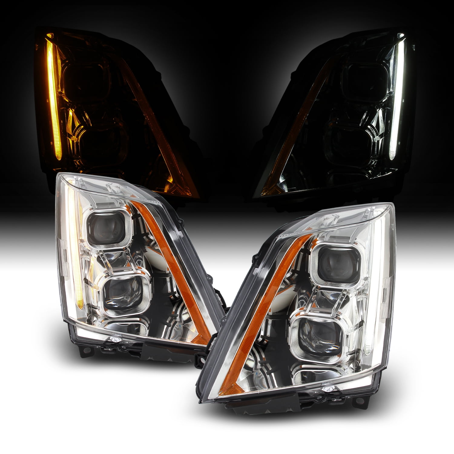 AUTOSAVER88 Headlights Assembly Compatible with 2010 2011 2012 2013 2014 2015 2016 Cadillac SRX Projector Headlamp Chrome Housing Clear Lens Amber Reflector Pair Passenger and Driver Side 