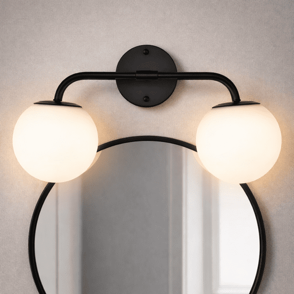 LED Bathroom Wall Sconce 2-Light, Modern Matte Black Vanity Light Fixture with Frosted Glass Globe Shades, 3000K Warm White