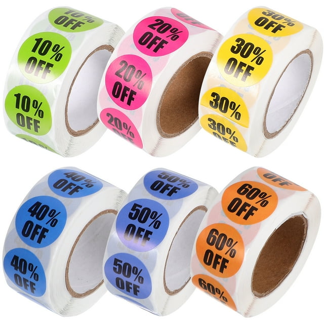 6 rollos de pegatinas de porcentaje de descuento, pegatinas redondas, etiquetas autoadhesivas de descuento