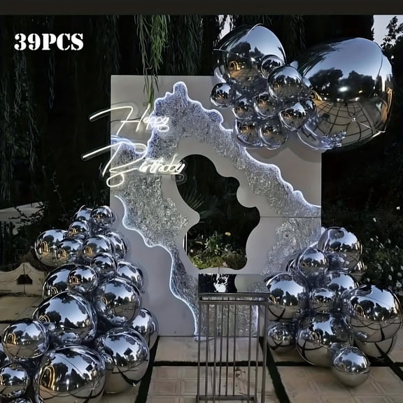 39pcs of Oversized 4D Round Mirror Foil Balloons - Silver Mylar Balloons That Are Large And Metallic, Perfect for Birthday Celebrations, Catering Events, Gender Reveal Parties, Balloon Decorations