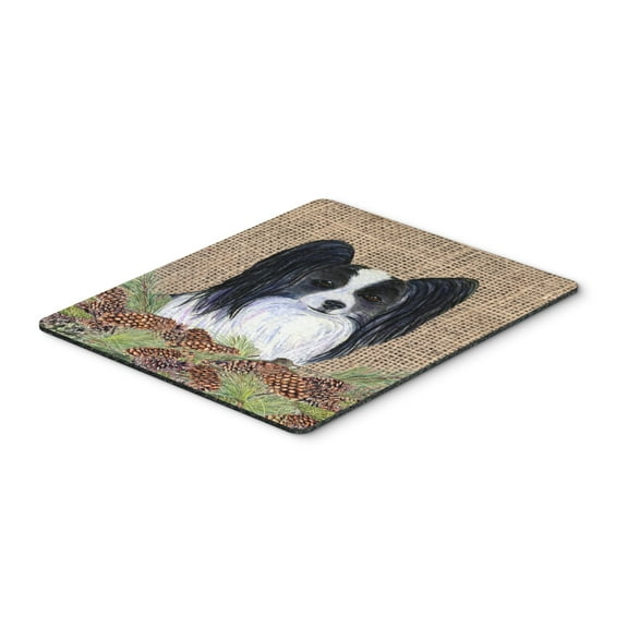 "Papillon on Faux Burlap with Pine Cones Mouse Pad Hot Pad or Trivet"