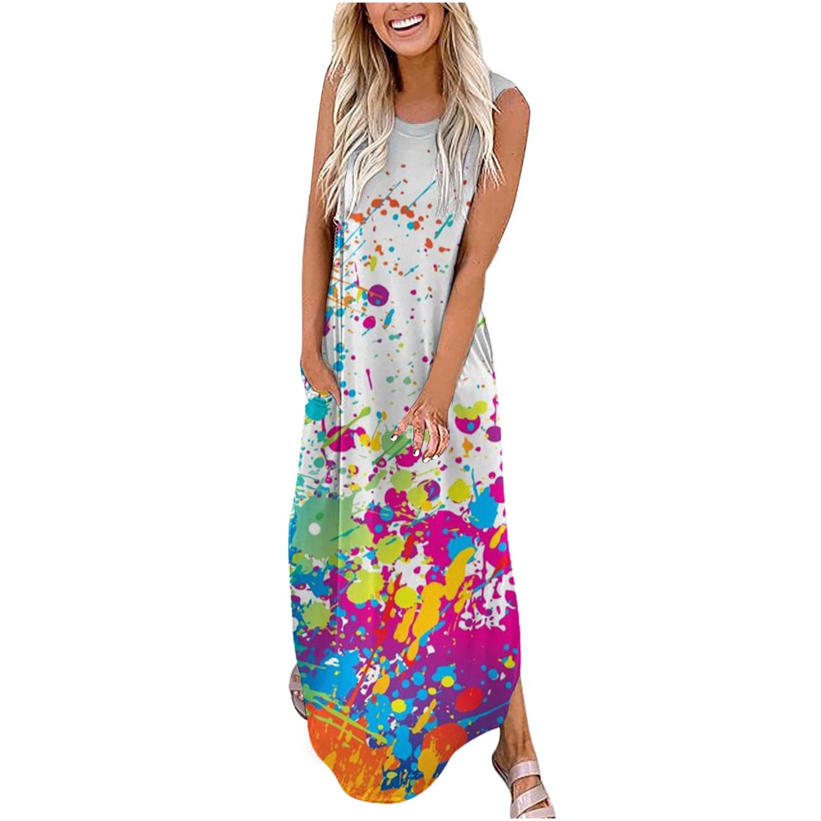 Maxi Dress Tie Dye Summer Dresses for Women T Shirt Dress Round Neck
