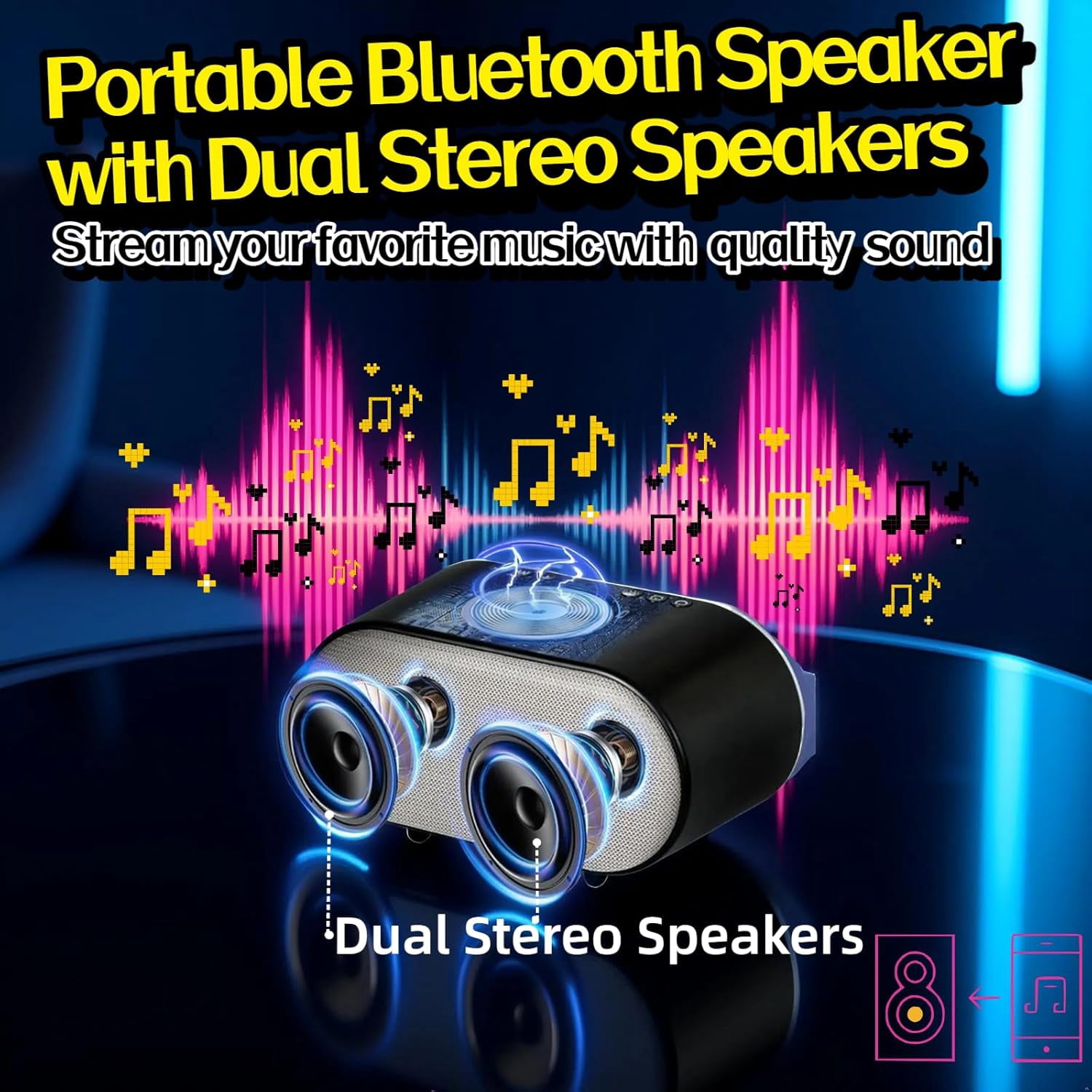 5 in 1 Portable Bluetooth Speaker with Dual Stereo Speakers, 9 Modes RGB LED Atmosphere Lights, 10W Wireless Charging Station with Phone Stand, Dimmable Clock, for Teen Boy Girl Trendy Stuff Gift