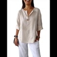 thumbnail image 2 of Camisa de y Algodón con Cuello en V para Mujer, 3/4 Enrollable, Informal, Holgada, , con Botones, para Verano Albaricoque 4XL, 2 of 7
