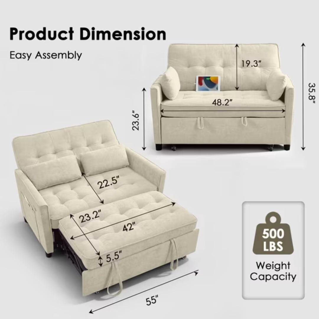 Howcool 55" Convertible Sofa Bed Pull Out Couch Sleeper Sofa with Adjustable Backrest USB Charging Ports Side Pocket Terry Cloth Fabric for Living Room Small Spaces,Beige