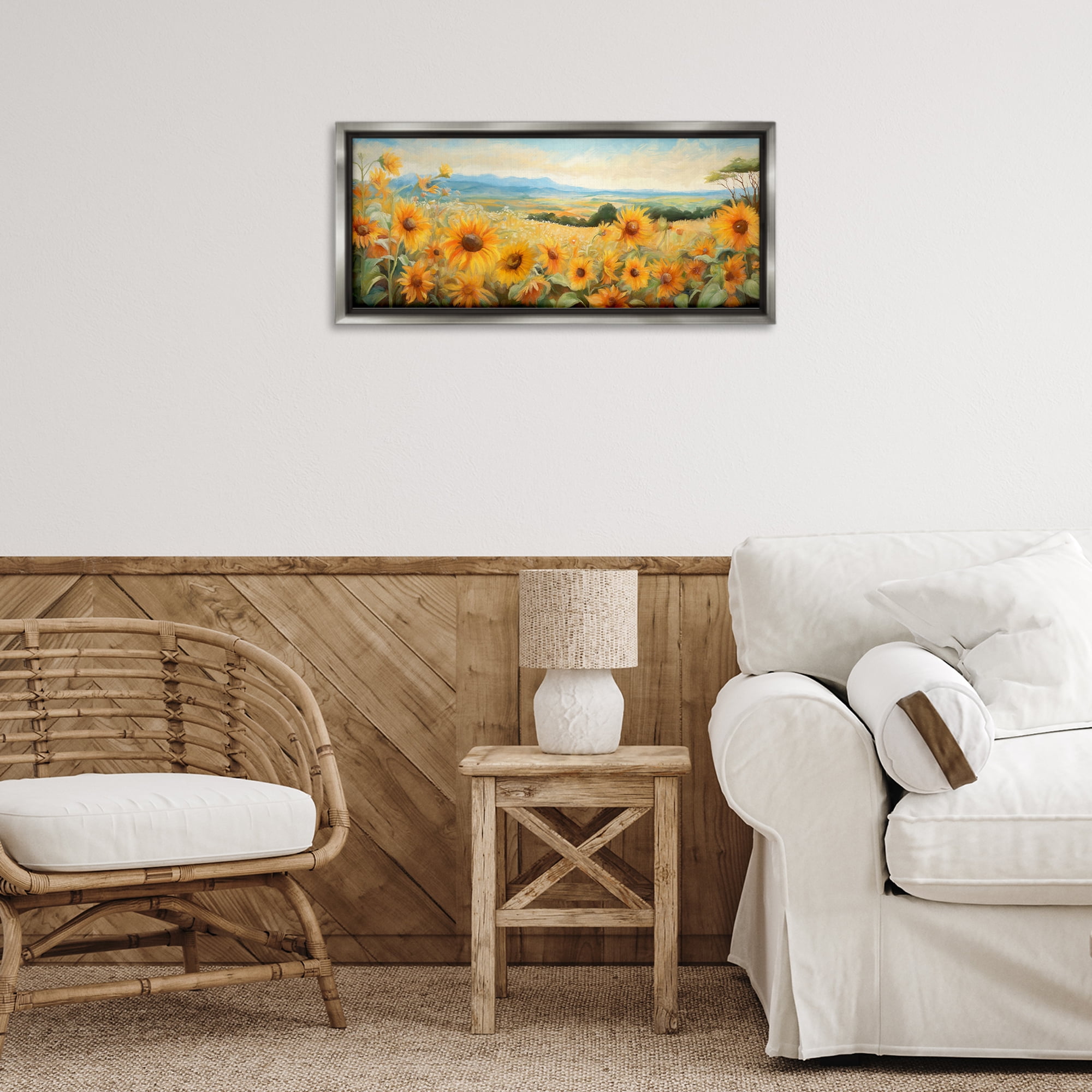 Stupell Industries Sunflower Fields Panorama Landscape & Nature Painting Gray Floater Framed Canvas Art Print Wall Art, 25 x 11
