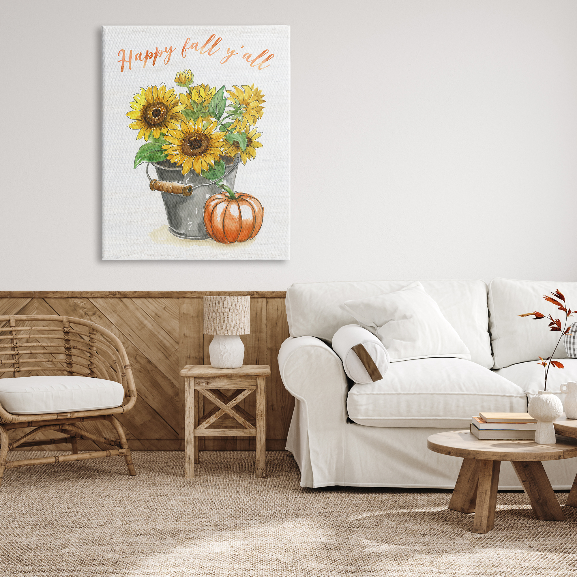 Stupell Indtries Happy Fall Y'all Greeting Sunflower Tin Bucket Pumpkin,36 x 48,Design by Nan