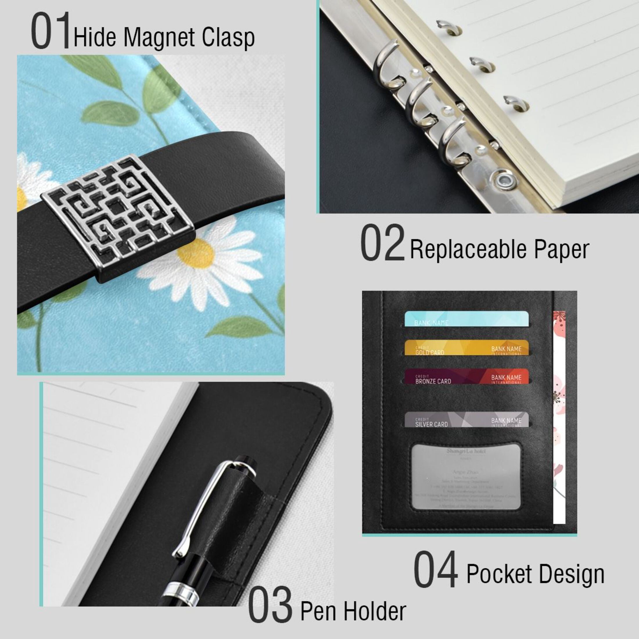 Leather Planner Leather Notebook Notebook Journal Binder Design Pen Pocket Design Convenient for Storage Cute Simple Daisy Blue