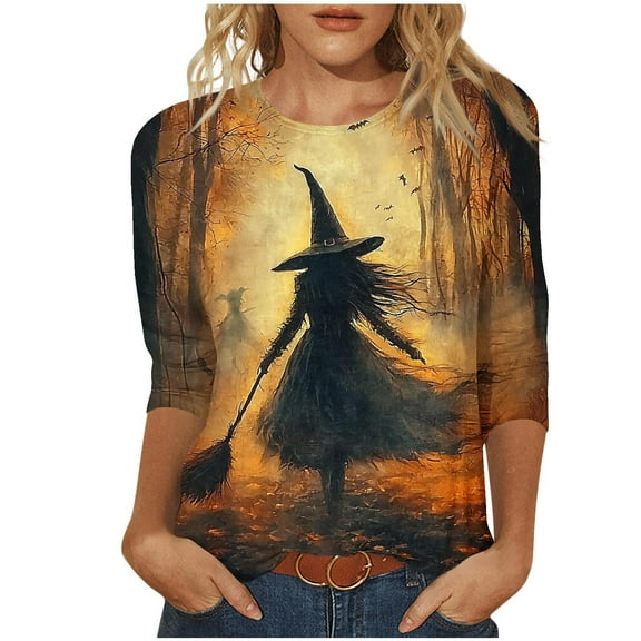 Brnmxoke Halloween Womens Tops Fall 3/4 Sleeve Round Neck Shirt Vintage Witch Hocus Focus Graphic Tee Funny Holiday Tops Brown,XXXXL