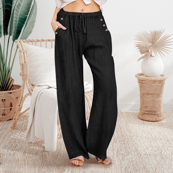 Womens Casual Soild Color Loose Elastic Waist Drawstring Button Casual Pants Casual Pants Pleated Dress Pants Women Loose Dress Pants for Women Business Casual plus Size Stretch Pants Womens Crop